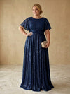 Sequin A-Line Crew Neck Maxi Plus Size Dresses with Pleated