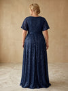 Sequin A-Line Crew Neck Maxi Plus Size Dresses with Pleated