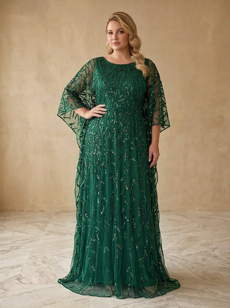 Tulle A-Line Crew Neck Maxi Plus Size Dresses with Leaf Sequin Embroidery
