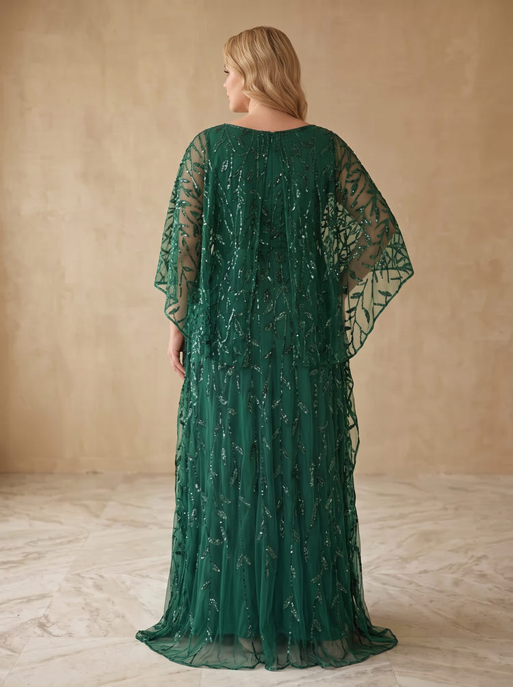 Tulle A-Line Crew Neck Maxi Plus Size Dresses with Leaf Sequin Embroidery