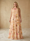 Satin A-Line High Neck Maxi Plus Size Dresses with Floral Print