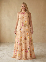 Satin A-Line High Neck Maxi Plus Size Dresses with Floral Print