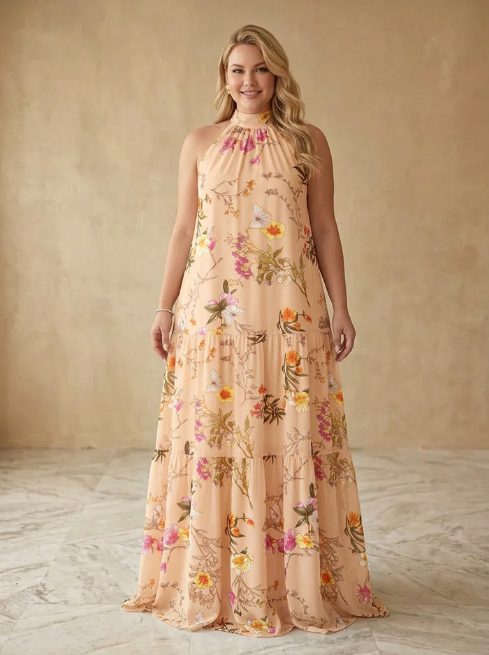Satin A-Line High Neck Maxi Plus Size Dresses with Floral Print