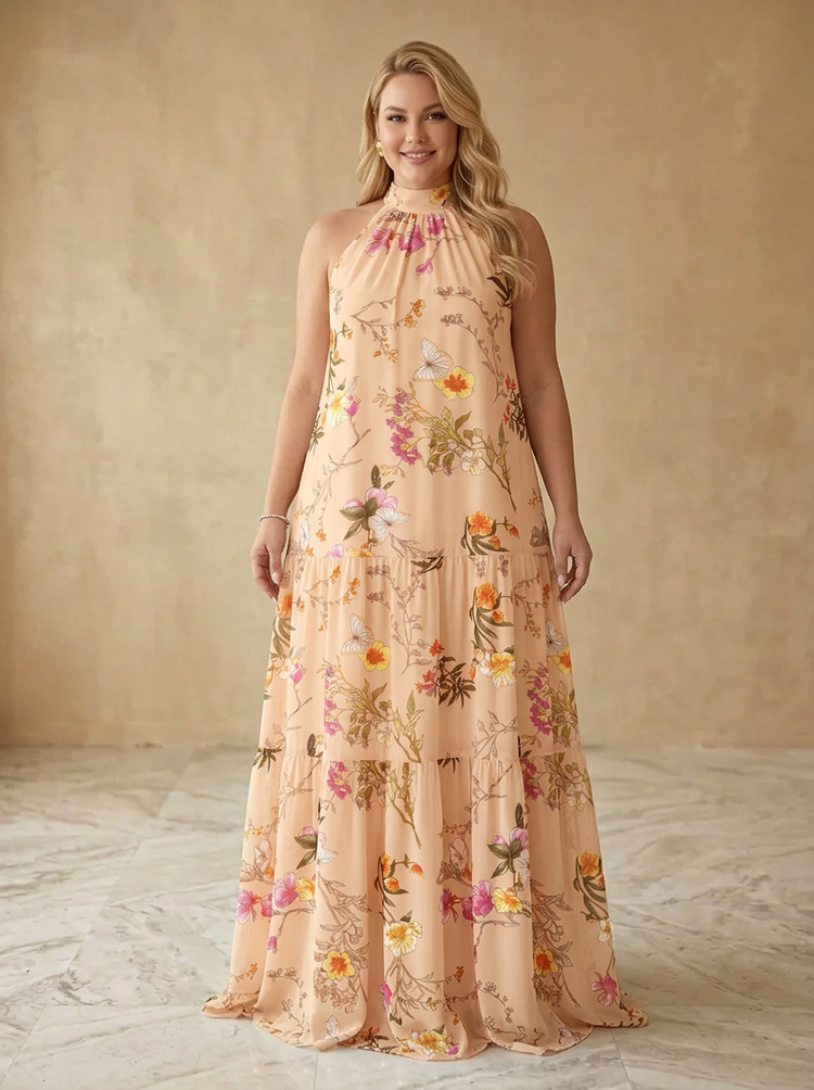 Satin A-Line High Neck Maxi Plus Size Dresses with Floral Print