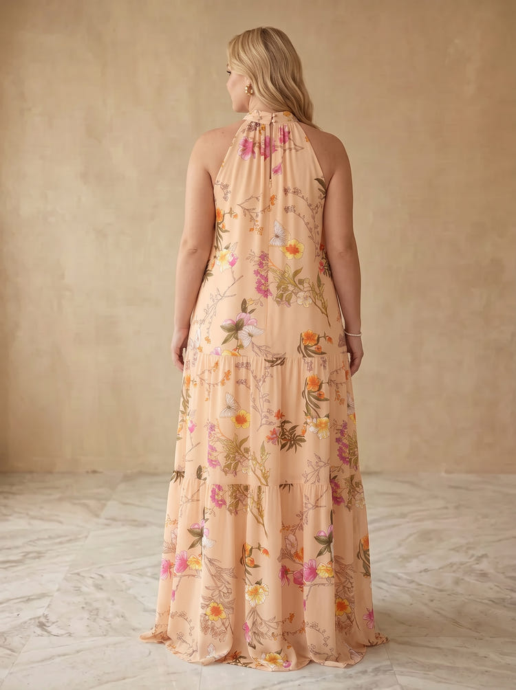 Satin A-Line High Neck Maxi Plus Size Dresses with Floral Print