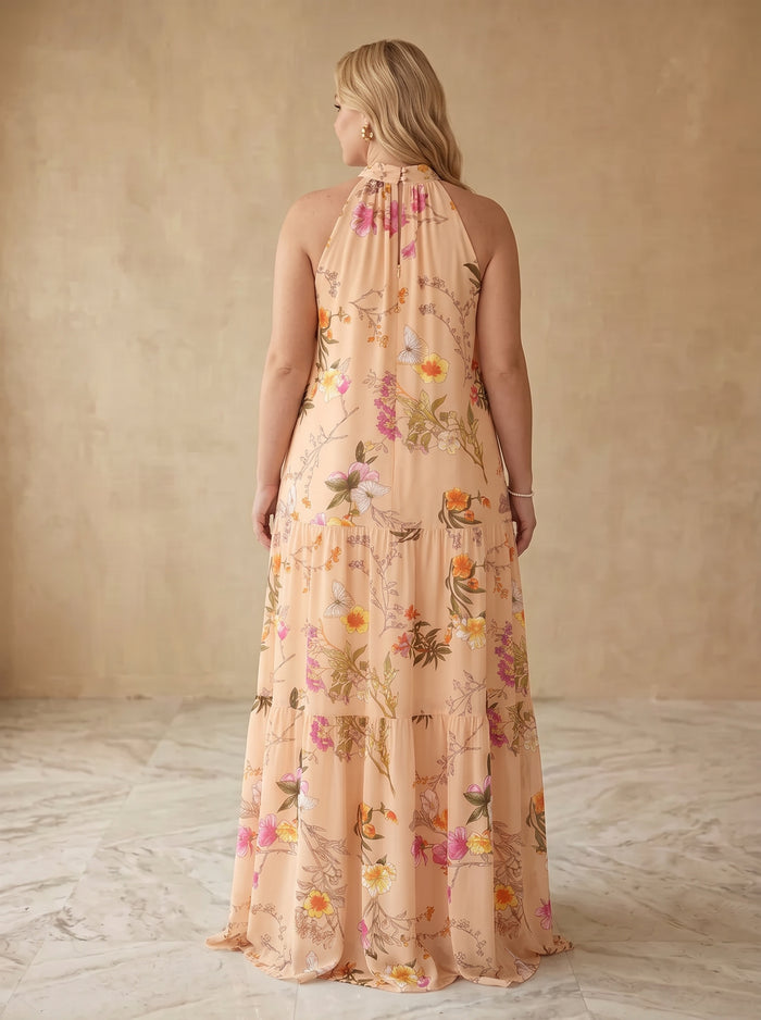 Satin A-Line High Neck Maxi Plus Size Dresses with Floral Print