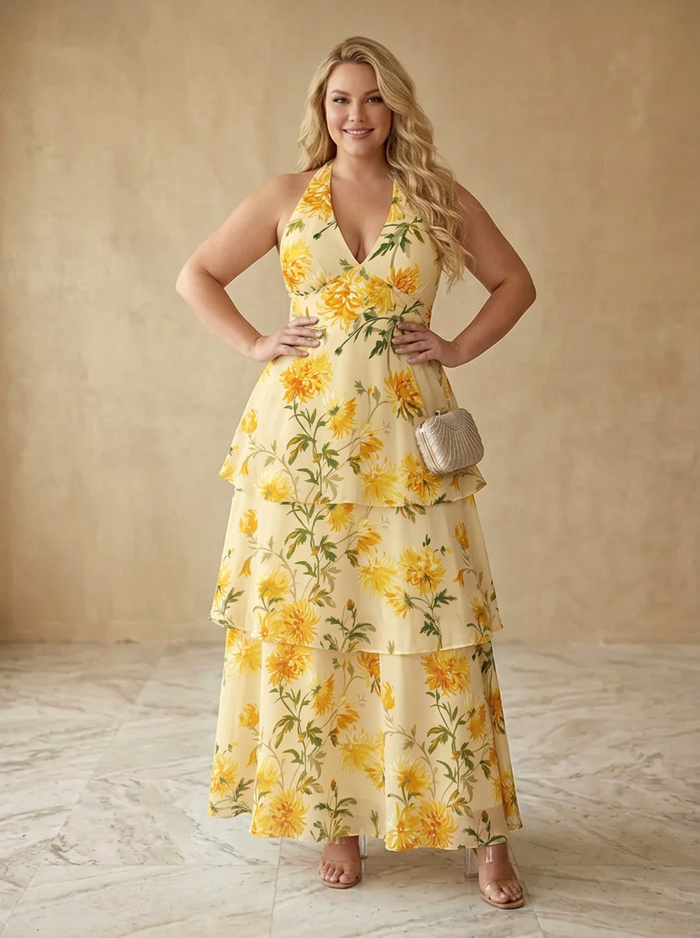Chiffon A-Line Halter Maxi Plus Size Dresses with Floral Print