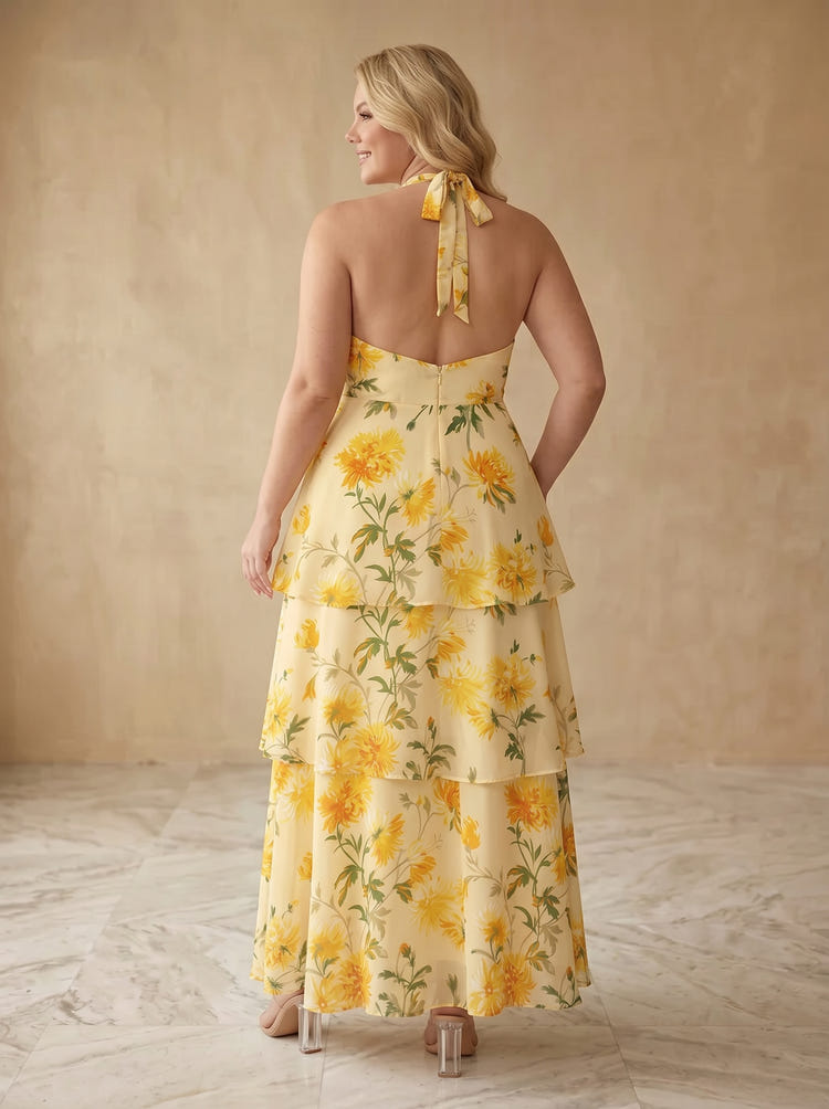 Chiffon A-Line Halter Maxi Plus Size Dresses with Floral Print