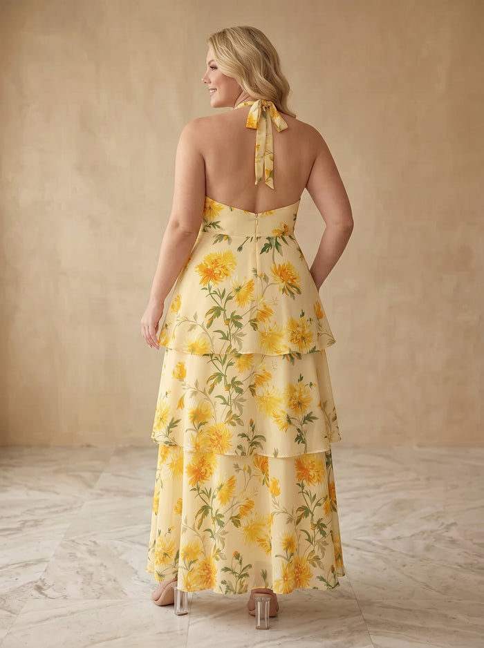 Chiffon A-Line Halter Maxi Plus Size Dresses with Floral Print