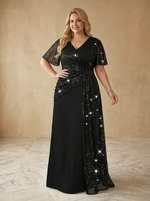 Jersey A-Line V Neck Maxi Plus Size Dresses with Sparkling Sequin Overlay Panel