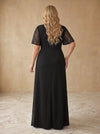 Jersey A-Line V Neck Maxi Plus Size Dresses with Sparkling Sequin Overlay Panel