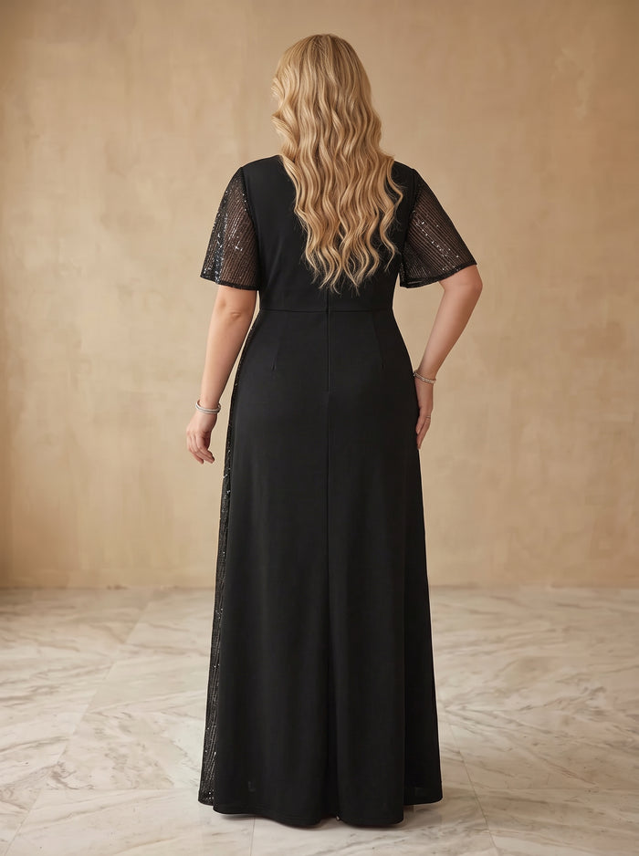 Jersey A-Line V Neck Maxi Plus Size Dresses with Sparkling Sequin Overlay Panel