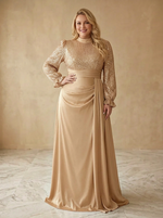 Satin A-Line High Neck Maxi Plus Size Dresses All‑Over Sequin Bodice With Long Ruffle Cuff Sleeves