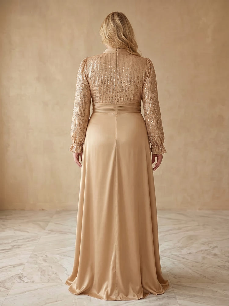 Satin A-Line High Neck Maxi Plus Size Dresses All‑Over Sequin Bodice With Long Ruffle Cuff Sleeves
