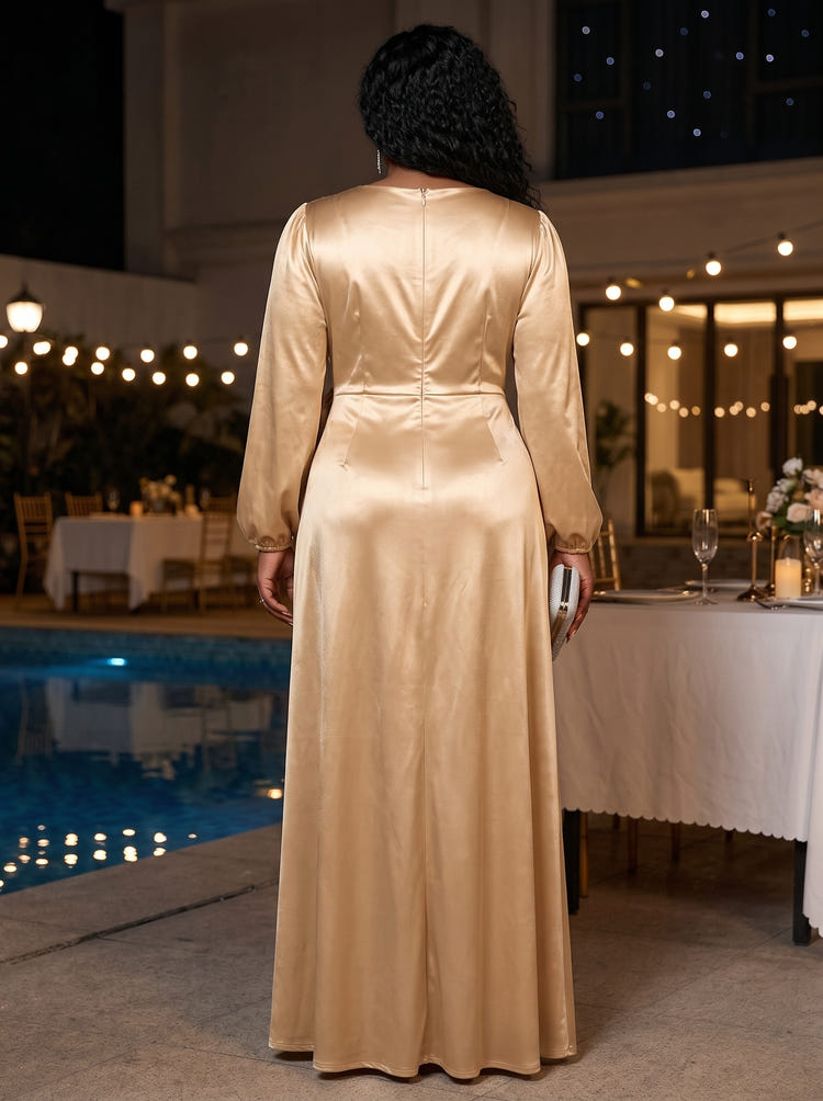 Satin Mermaid V Neck Maxi Plus Size Dresses with Side Waist Ruched