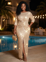 Sequin Mermaid Boat Neck Maxi Plus Size Dresses with Ruched