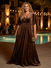 Velvet A-Line V Neck Maxi Plus Size Dresses with Ruched Empire Waistband