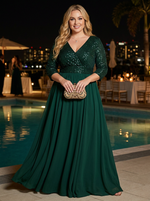 Chiffon A-Line V Neck Maxi Plus Size Dresses with Sequin Bodice