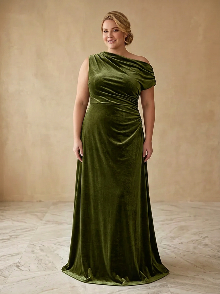 Velvet A-Line One Shoulder Maxi Plus Size Dresses with Ruched