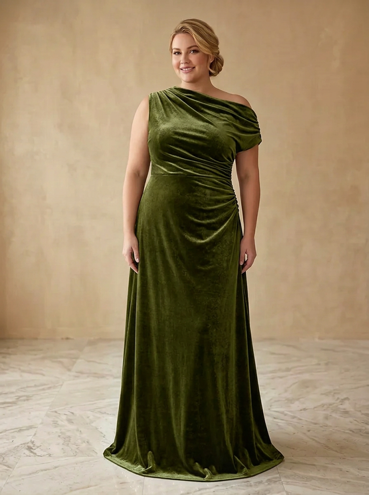 Velvet A-Line One Shoulder Maxi Plus Size Dresses with Ruched