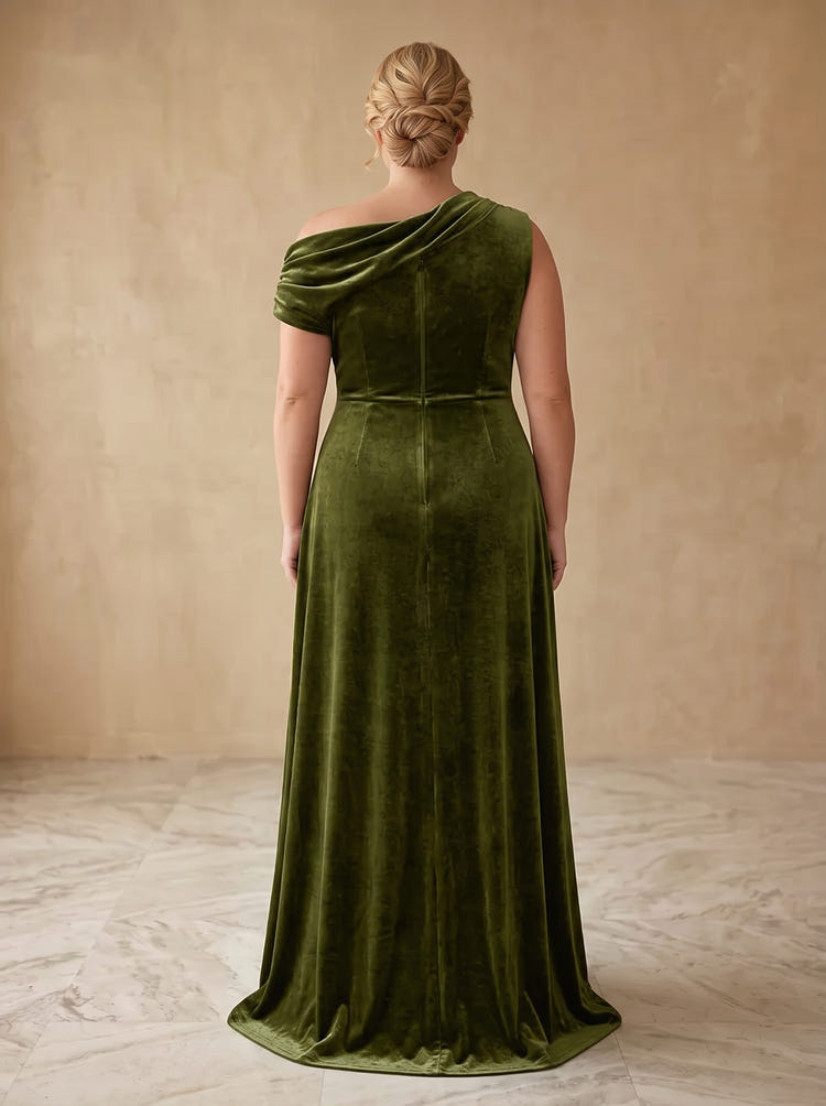 Velvet A-Line One Shoulder Maxi Plus Size Dresses with Ruched