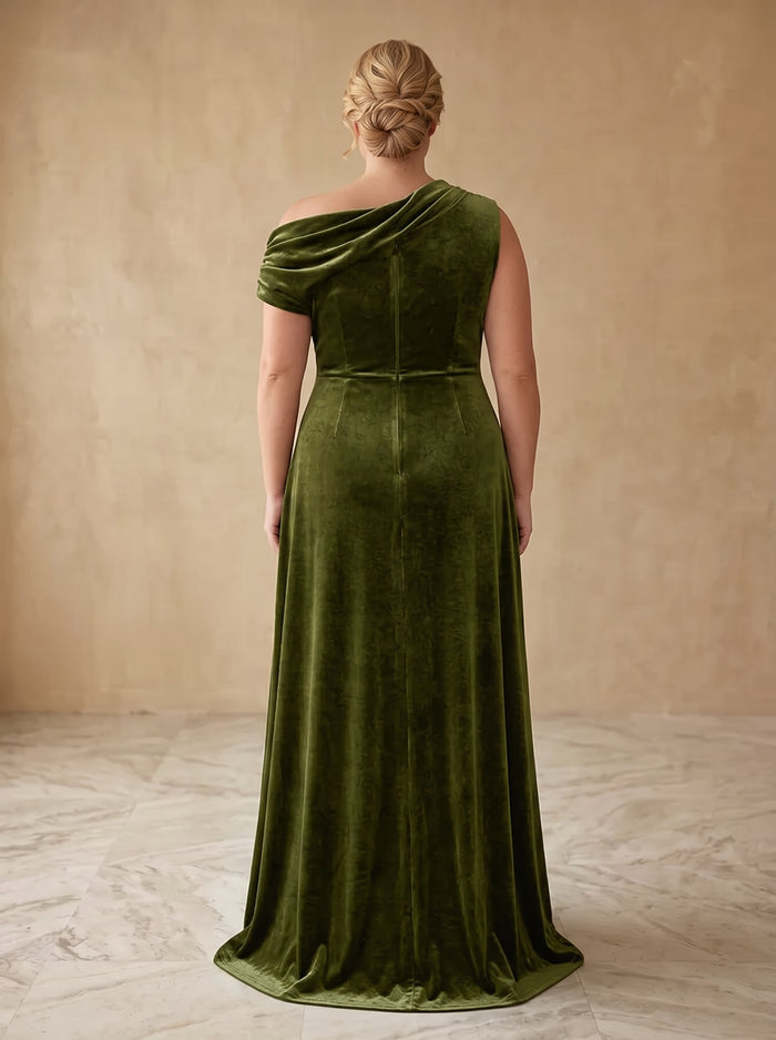 Velvet A-Line One Shoulder Maxi Plus Size Dresses with Ruched