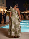 Jacquard A-Line One Shoulder Maxi Plus Size Dresses with Ruffles