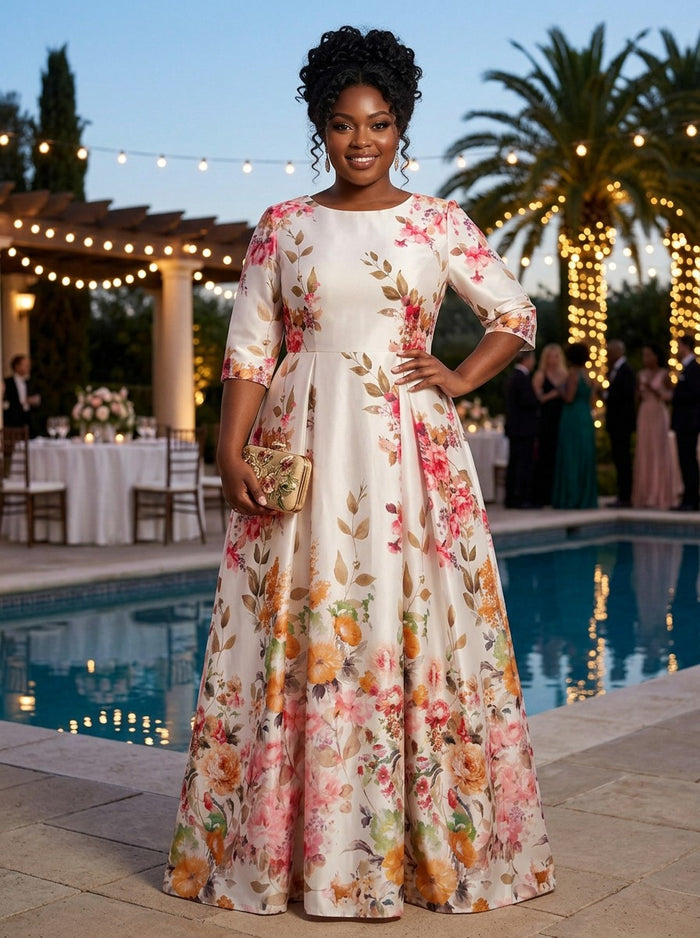Satin A-Line Round Neck Plus Size Dresses with Floral Print