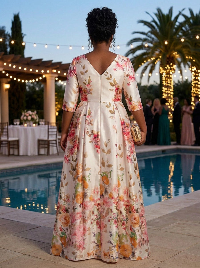 Satin A-Line Round Neck Plus Size Dresses with Floral Print