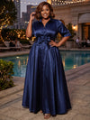 Satin A-Line Stand Collar Maxi Plus Size Dresses with Bow