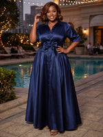 Satin A-Line Stand Collar Maxi Plus Size Dresses with Bow