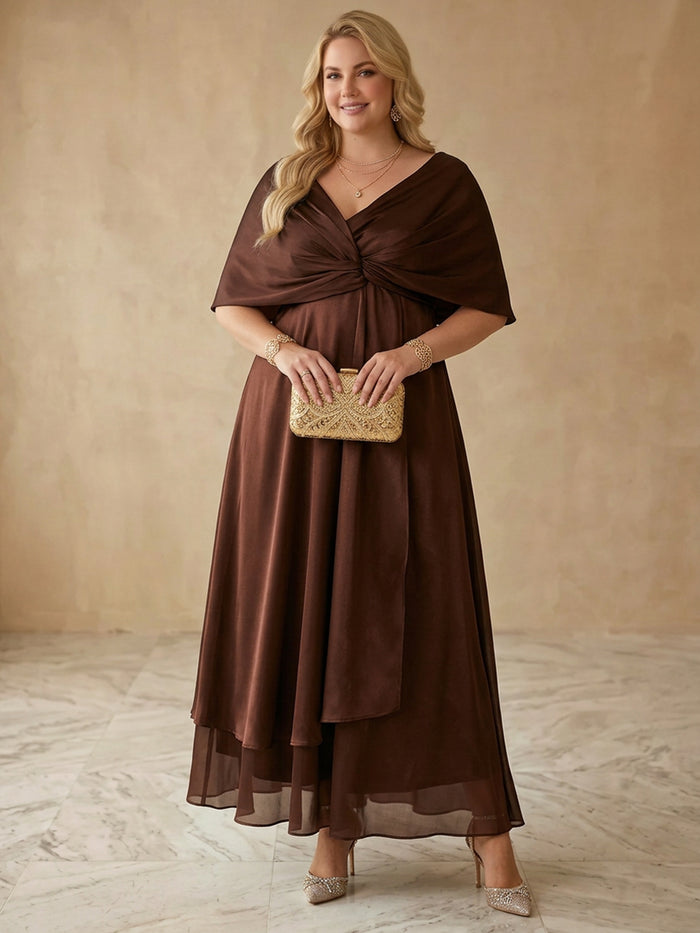 Chiffon A-Line V Neck Maxi Plus Size Dresses with Twisted Knot