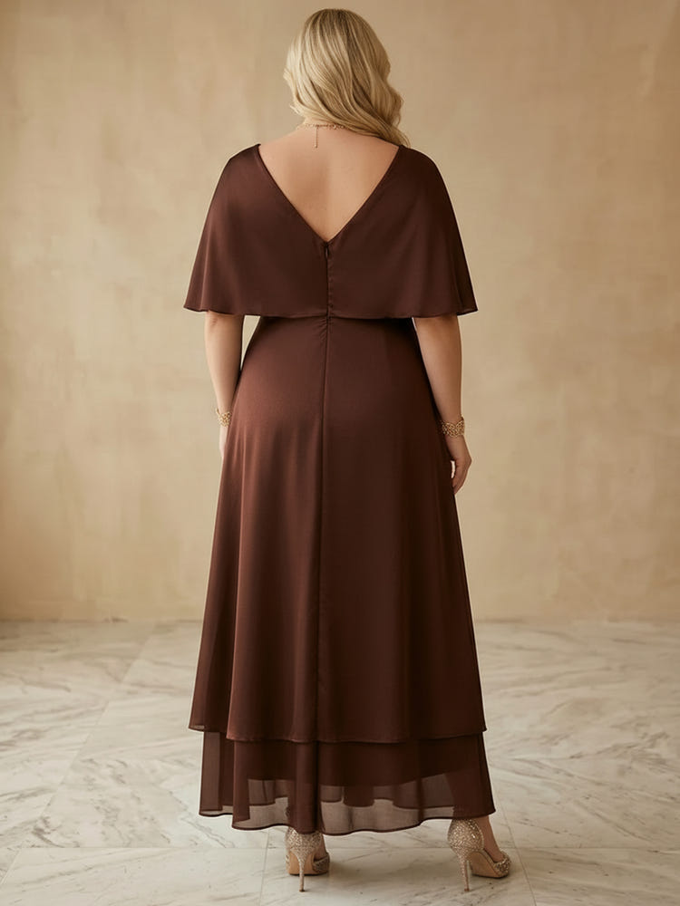 Chiffon A-Line V Neck Maxi Plus Size Dresses with Twisted Knot