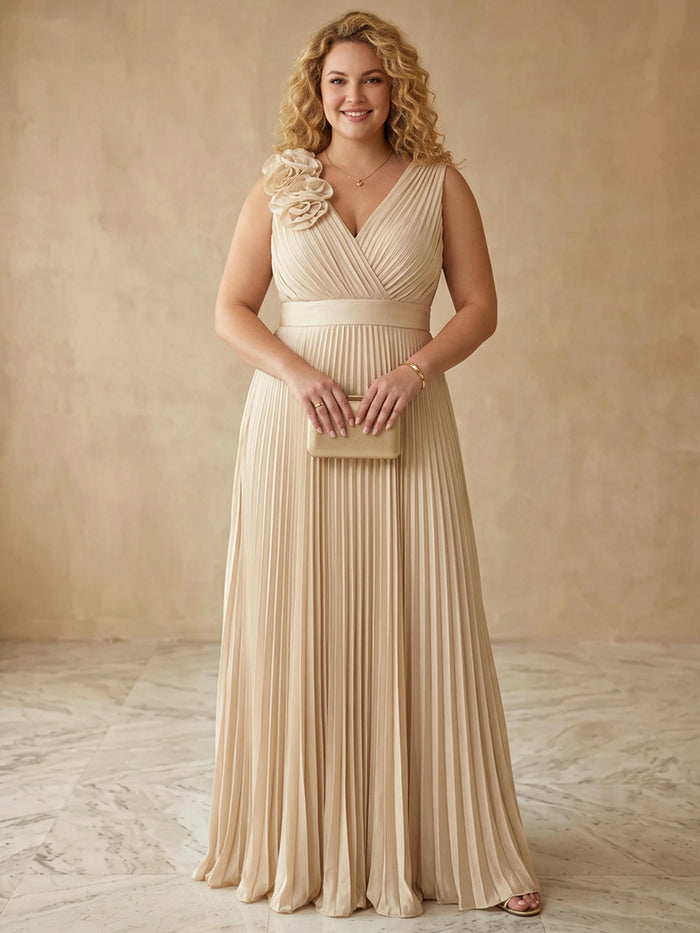 Chiffon A-Line V Neck Maxi Plus Size Dresses with 3D Flowers