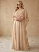 Chiffon A-Line Boat Neck Maxi Plus Size Dresses with Sheer Chiffon Flowing Cape