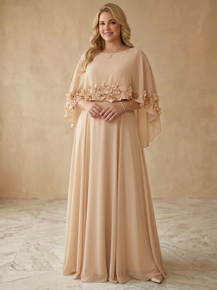 Chiffon A-Line Boat Neck Maxi Plus Size Dresses with Sheer Chiffon Flowing Cape