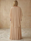 Chiffon A-Line Boat Neck Maxi Plus Size Dresses with Sheer Chiffon Flowing Cape