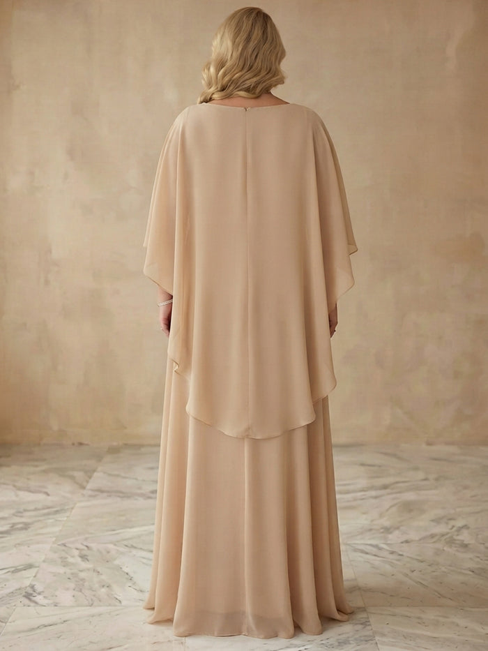 Chiffon A-Line Boat Neck Maxi Plus Size Dresses with Sheer Chiffon Flowing Cape