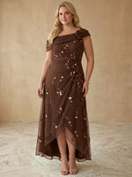 Chiffon A-Line Off Shoulder Midi Plus Size Dresses with Sequin Embroidery