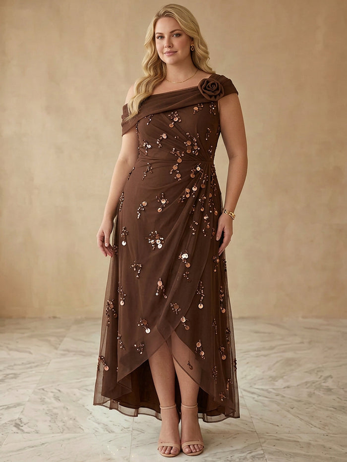 Chiffon A-Line Off Shoulder Midi Plus Size Dresses with Sequin Embroidery