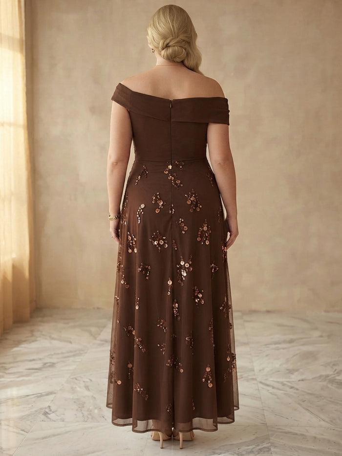 Chiffon A-Line Off Shoulder Midi Plus Size Dresses with Sequin Embroidery