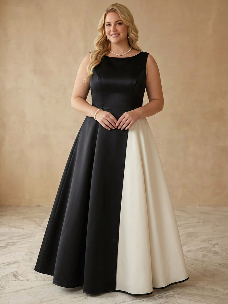 Satin A-Line Boat Neck Maxi Plus Size Dresses with Color Blocking