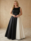 Satin A-Line Boat Neck Maxi Plus Size Dresses with Color Blocking