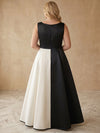 Satin A-Line Boat Neck Maxi Plus Size Dresses with Color Blocking