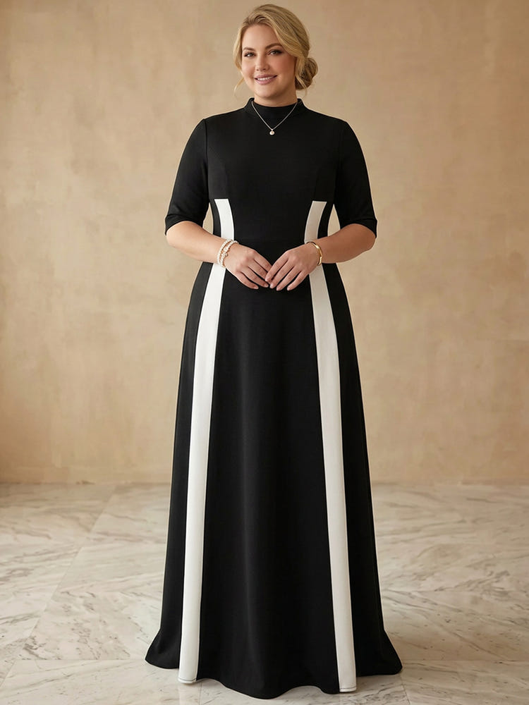 Jersey A-Line High Neck Maxi Plus Size Dresses with Color Blocking