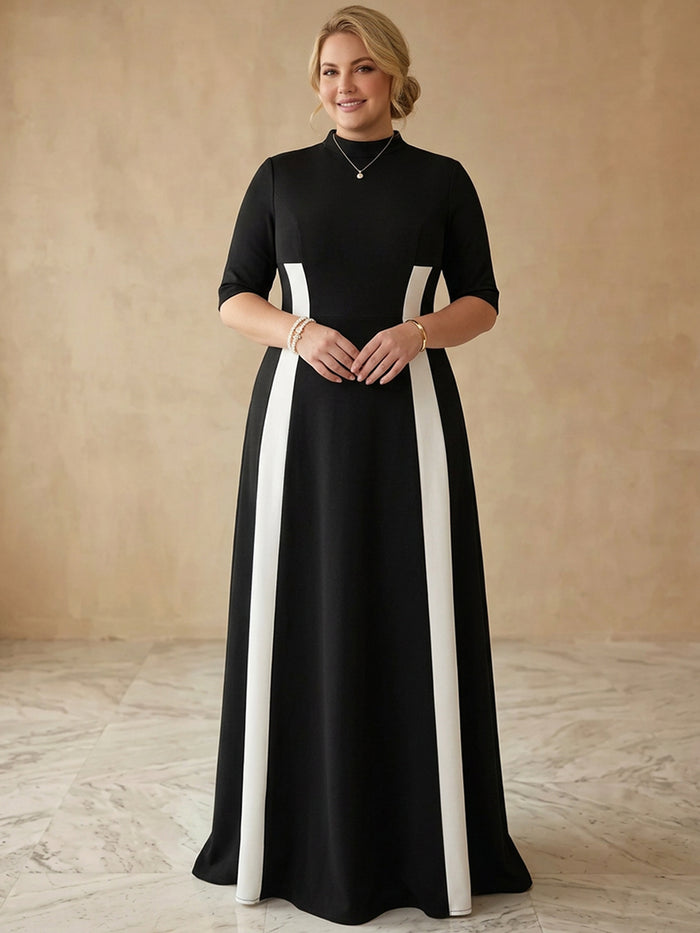 Jersey A-Line High Neck Maxi Plus Size Dresses with Color Blocking