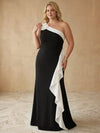 Jersey Mermaid One Shoulder Maxi Plus Size Dresses with Color Blocking