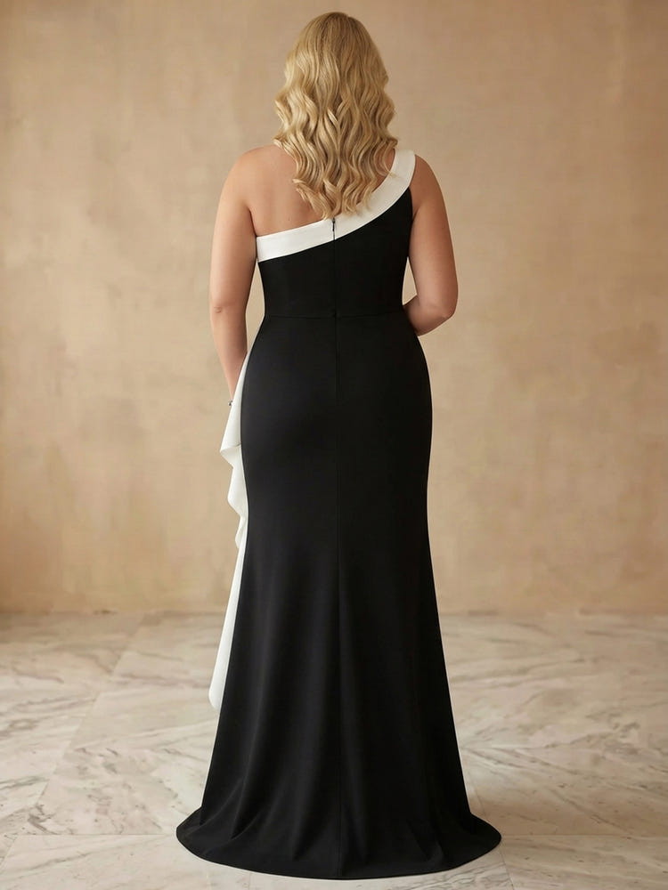 Jersey Mermaid One Shoulder Maxi Plus Size Dresses with Color Blocking