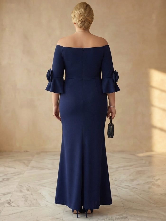 Jersey Mermaid Off Shoulder Maxi Plus Size Dresses with 3D Flowers