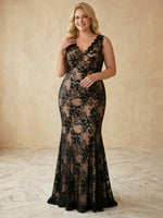 Mesh Mermaid V Neck Maxi Plus Size Dresses with Sequin Embroidery